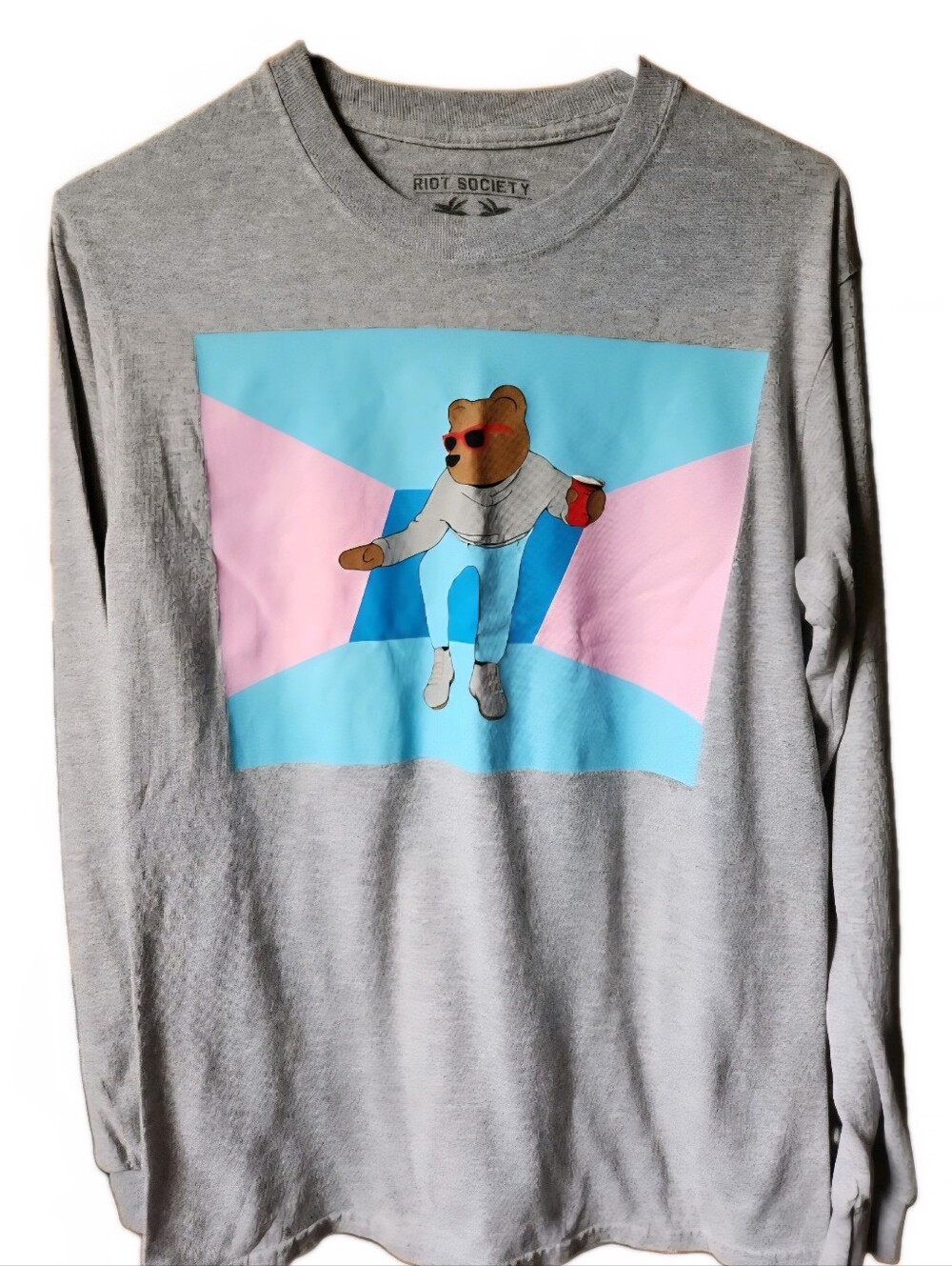 Riot Society Dancing Bear Heather Grey Mens Long Sleeve Tee, Sz S. Streetwear